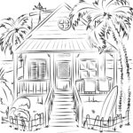 Strandhaus mit Palmen Ausmalbild